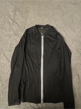 Women's Black Perforated Windbreaker with Contrast White Zipper